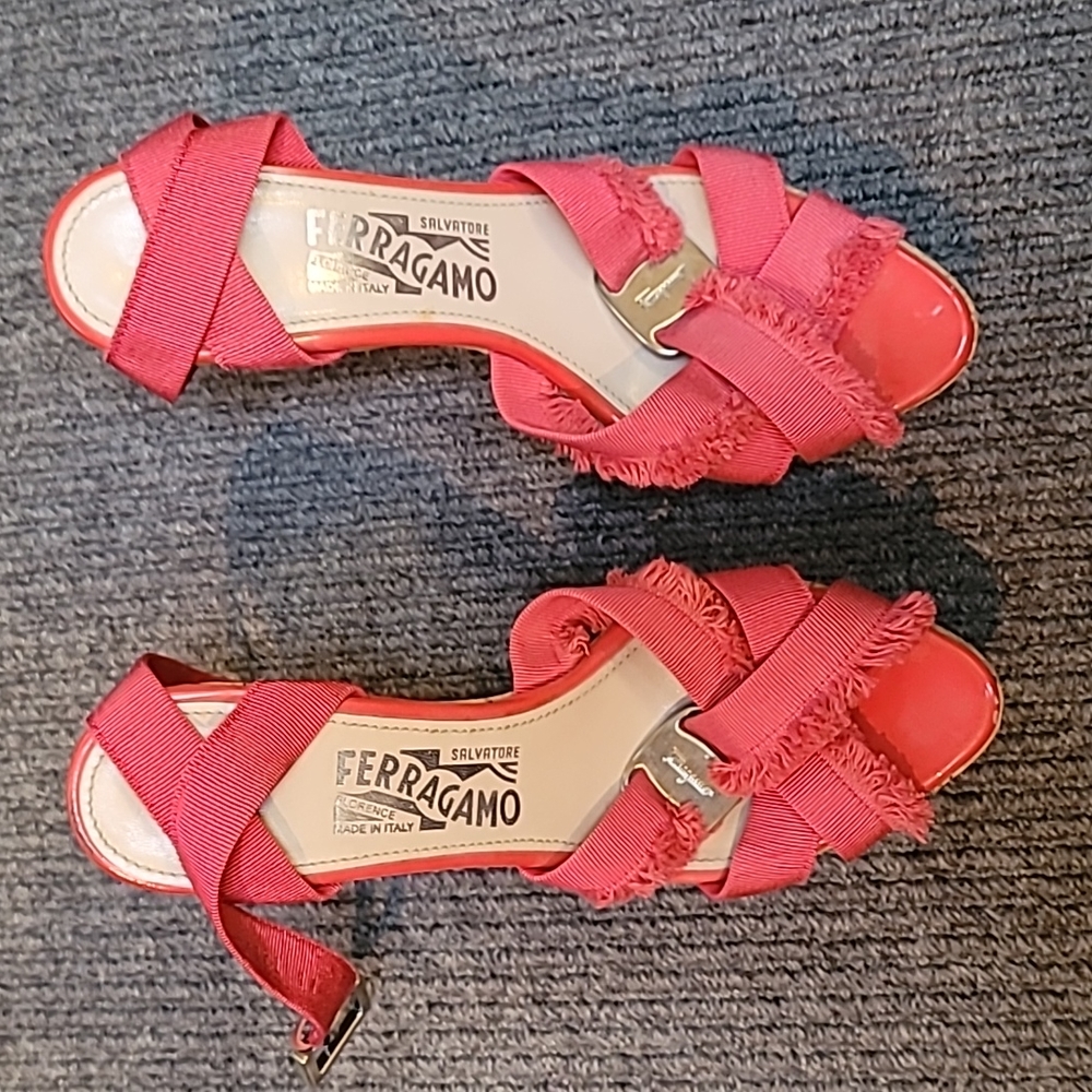 Ferragamo pink crisscross wedges